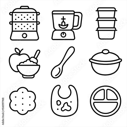 Baby Food Prep Icons. Outline style icons of baby food preparation: steamer, puree maker, food container, fruit mash, baby spoon,