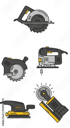 Flat Design Icons of Electric Power Tools for Woodworking and DIY