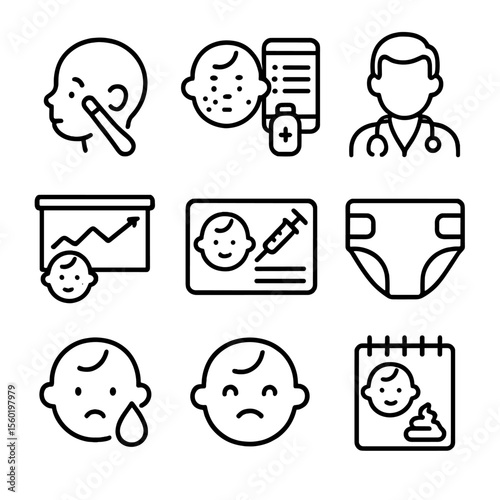 Infant Health Icons. Outline style icons of Infant Health Monitoring: fever check, symptom tracker, pediatric visit icon, wellness