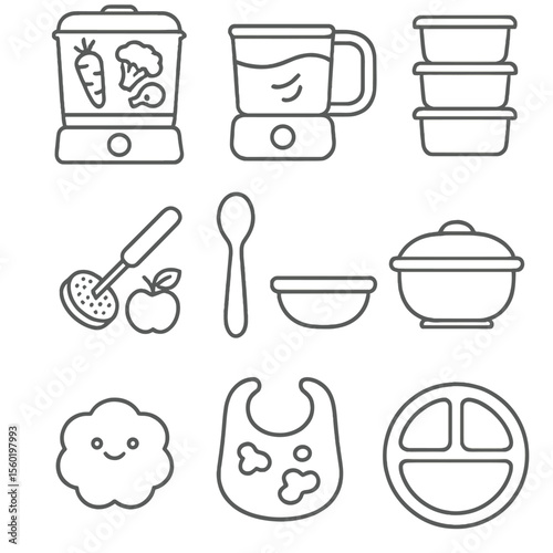 Baby Food Prep Icons. Outline style icons of baby food preparation: steamer, puree maker, food container, fruit mash, baby spoon,