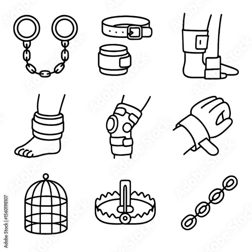 Mobility restraints icons. Outline style icons of torment implements mobility: leg chain, hobble strap, movement lock, ankle
