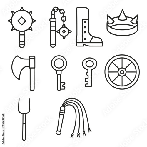 Medieval Torment Icons. Outline style icons of torment implements medieval: spiked mace, flail chain, iron boot, torture crown,