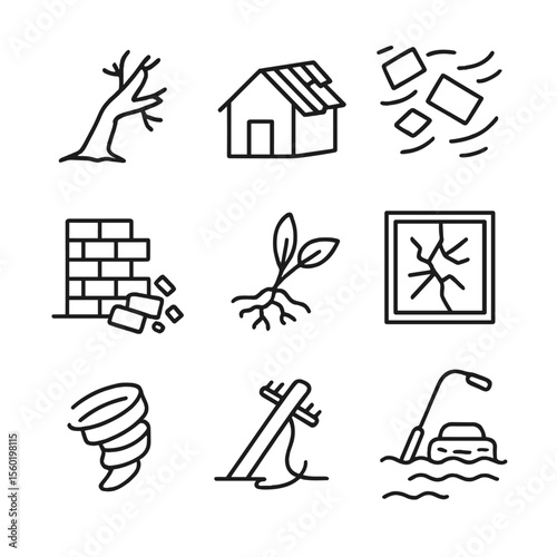 Tornado Impact Icons. Outline style icons of tornado impact: broken tree, damaged roof, flying debris, collapsed wall, uprooted