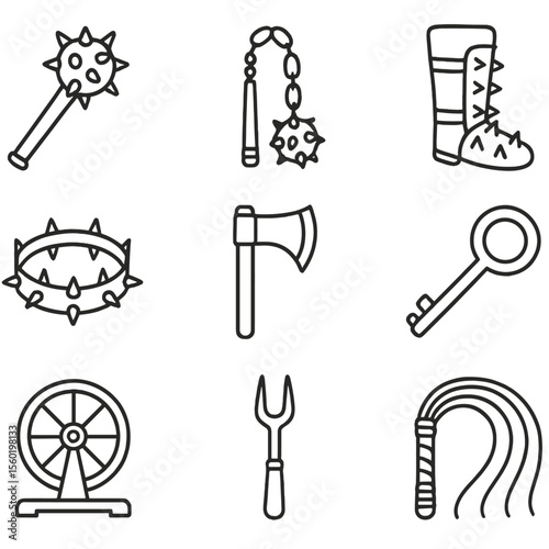 Medieval Torment Icons. Outline style icons of torment implements medieval: spiked mace, flail chain, iron boot, torture crown,