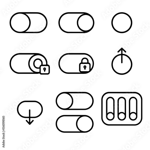 Outline Switch Icons. Outline style icons of toggle switch positions: on position, off position, mid position, locked on, locked