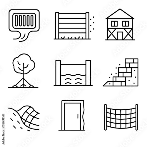Tornado Prevention Icons. Outline style icons of tornado prevention: storm drain, windbreak fence, reinforced building, tree