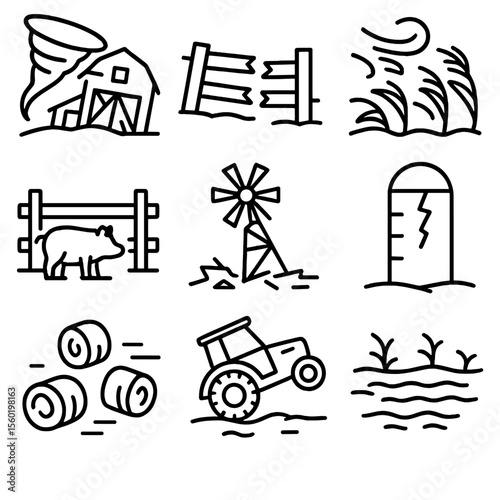 Tornado Rural Icons. Outline style icons of tornado rural impact: barn collapse, fence break, crop damage, livestock pen, windmill