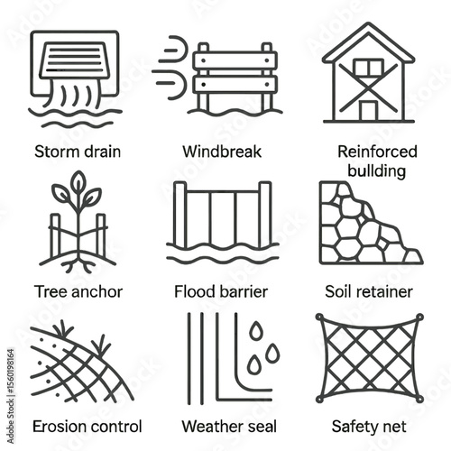 Tornado Prevention Icons. Outline style icons of tornado prevention: storm drain, windbreak fence, reinforced building, tree
