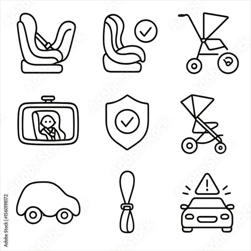 Baby Transport Safety Icons. Outline style icons of baby transport safety: car seat installation, seat belt check, stroller brakes