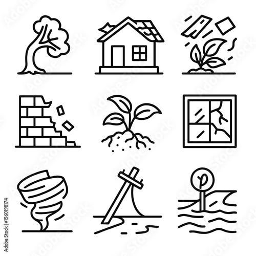 Tornado Impact Icons. Outline style icons of tornado impact: broken tree, damaged roof, flying debris, collapsed wall, uprooted