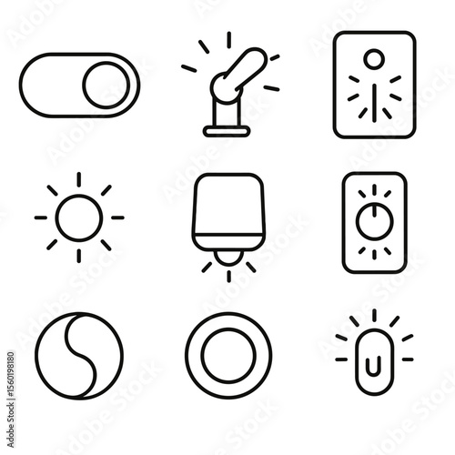 Toggle Switch Icons. Outline style icons of toggle switch lighting: backlit switch, glow lever, indicator LED, ambient light,