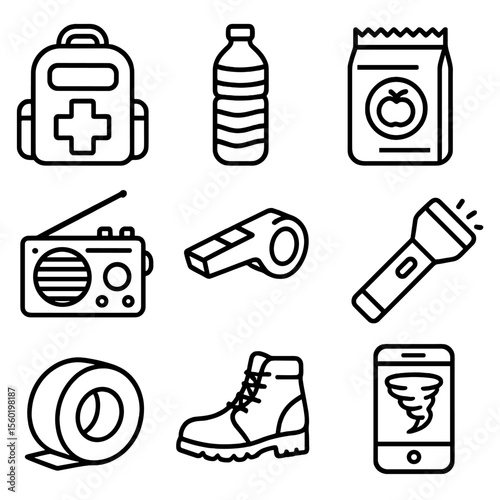Tornado Prep Icons. Outline style icons of tornado preparation: emergency kit, water bottle, food pack, battery radio, whistle,