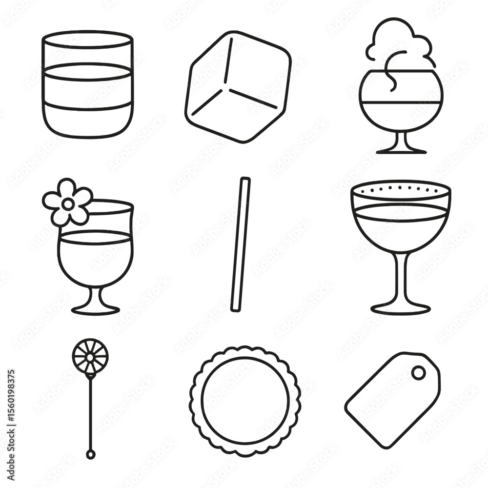 Elegant Cocktail Icons. Outline style icons of Cocktail Presentation: layered drink, clear cube ice, smoke bubble top, flower