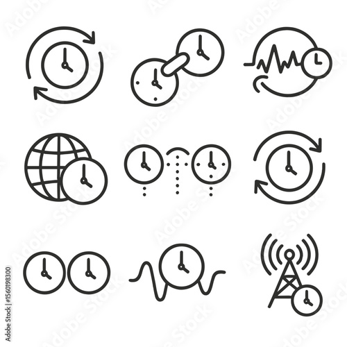 Time Zone Synchronization Icons. Outline style icons of time zone synchronization: sync arrow, time link, network pulse, global