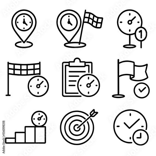 Outline Milestone Icons. Outline style icons of time targeting milestones: start point, checkpoint, midway mark, finish line,