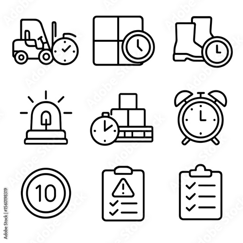 Warehouse Safety Icons. Outline style icons of Warehouse and Factory Safety Timers: forklift with timer, hourly task chart,