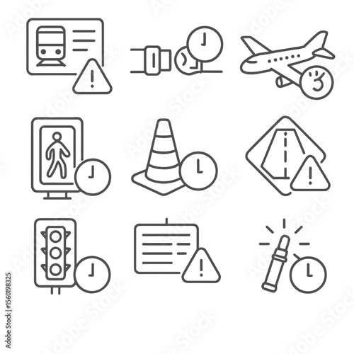 Transport Safety Icons. Outline style icons of Transportation Time and Safety: train schedule with alert, seatbelt with clock,