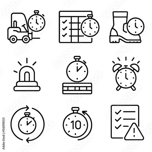 Warehouse Safety Icons. Outline style icons of Warehouse and Factory Safety Timers: forklift with timer, hourly task chart,