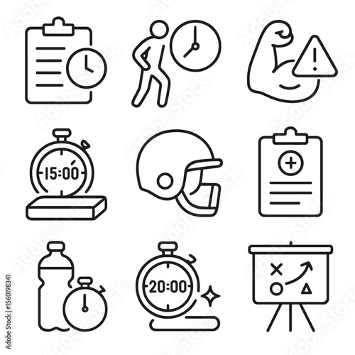 Sports Icons. Outline style icons of Sports Time and Injury Safety: training time sheet, warm-up clock, muscle strain alert, rest