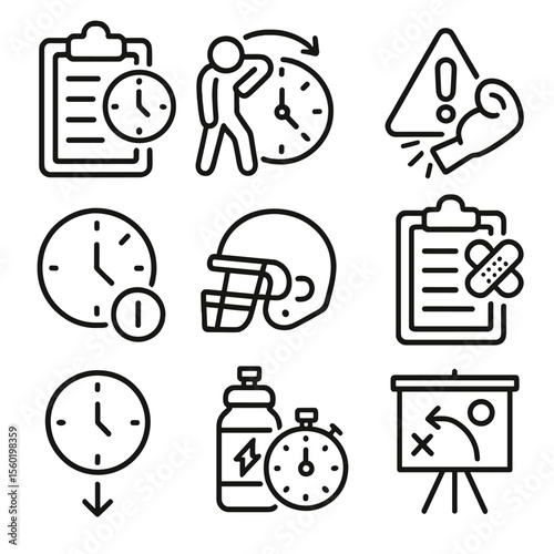 Sports Icons. Outline style icons of Sports Time and Injury Safety: training time sheet, warm-up clock, muscle strain alert, rest