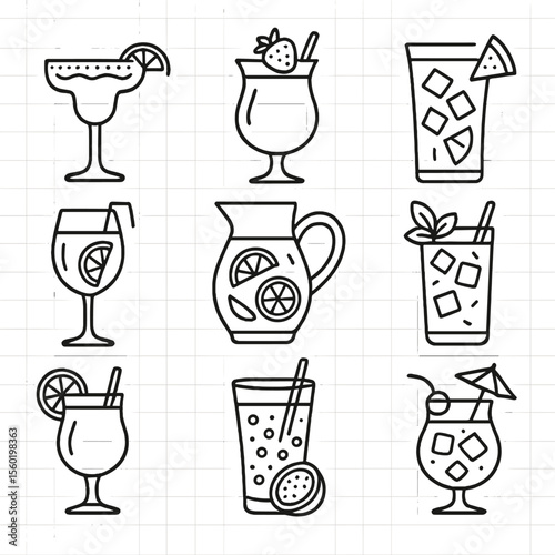 Summer Cocktail Icons. Outline style icons of Summer Cocktails: frozen margarita, strawberry daiquiri, watermelon cooler, citrus