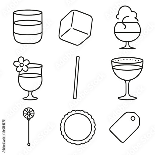 Elegant Cocktail Icons. Outline style icons of Cocktail Presentation: layered drink, clear cube ice, smoke bubble top, flower