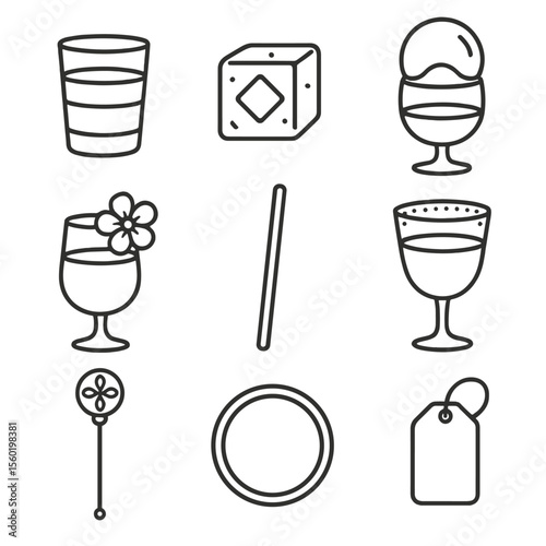 Elegant Cocktail Icons. Outline style icons of Cocktail Presentation: layered drink, clear cube ice, smoke bubble top, flower
