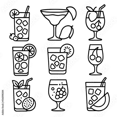 Fruit Cocktail Icons. Outline style icons of Fruit-Based Cocktails: berry cocktail, mango margarita, peach sangria, citrus medley,