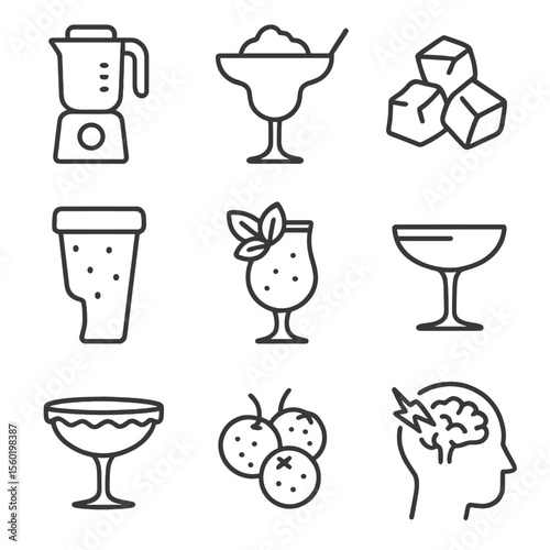 Frozen Cocktail Icons. Outline style icons of Frozen Cocktails: blender, slushy margarita, crushed ice, frosty glass, mint frost,