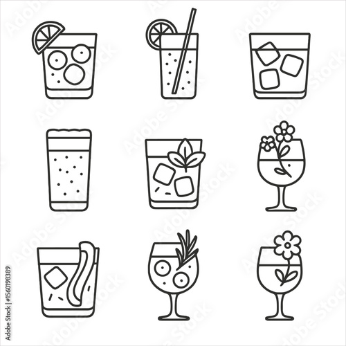 Gin Cocktail Icons. Outline style icons of Gin-Based Cocktails: gin and tonic, Tom Collins, Negroni, gin fizz, gin basil smash,