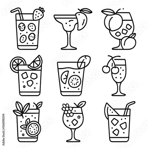 Fruit Cocktail Icons. Outline style icons of Fruit-Based Cocktails: berry cocktail, mango margarita, peach sangria, citrus medley,