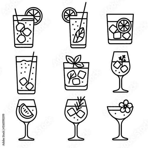Gin Cocktail Icons. Outline style icons of Gin-Based Cocktails: gin and tonic, Tom Collins, Negroni, gin fizz, gin basil smash,