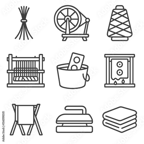 Textile Process Icons. Outline style icons of Raw to Finished Textile: fiber bundle, spinning wheel, yarn cone, loom weaving, dye