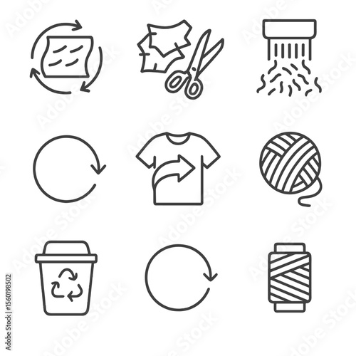 Textile Recycling Icons. Outline style icons of Textile Recycling: recycled fabric symbol, cut scraps, fiber shredding icon, reuse