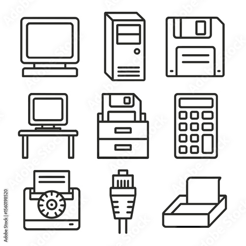 1980s Office Tech Icons. Outline style icons of Office Computing in the 80s: CRT monitor, beige tower CPU, floppy disk slot, desk