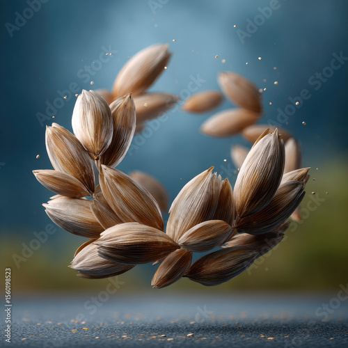 Wheat grain cluster floating in air, detailed texture, natural brown color, soft focus background, dynamic movement, harvest concept