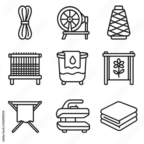 Textile Process Icons. Outline style icons of Raw to Finished Textile: fiber bundle, spinning wheel, yarn cone, loom weaving, dye