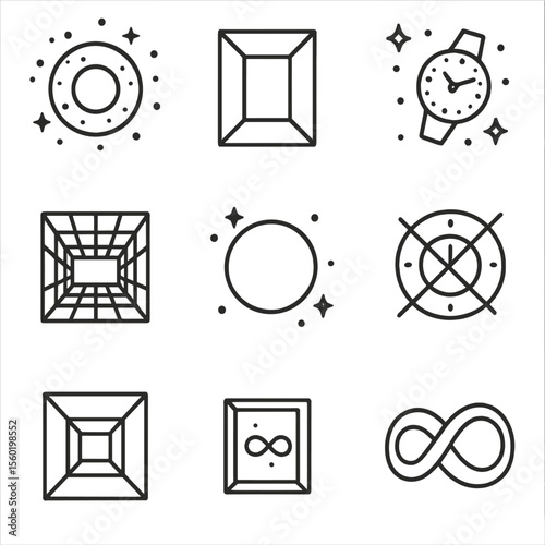 Timeless Icons. Outline style icons of Timeless Spaces: void space icon, eternal room outline, floating watch in space, empty time