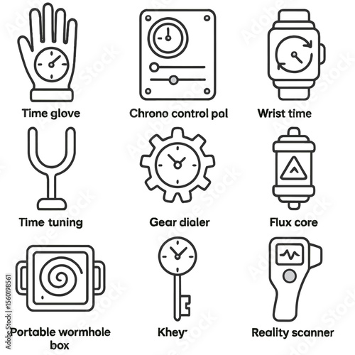 Time Travel Icons. Outline style icons of Dimensional Time Travel Tools: time glove, chrono control panel, wrist time manipulator,