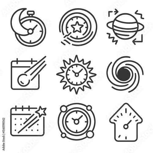 Celestial Time Icons. Outline style icons of Celestial Time Anomalies: moon eclipse timer, star clock swirl, planetary orbit