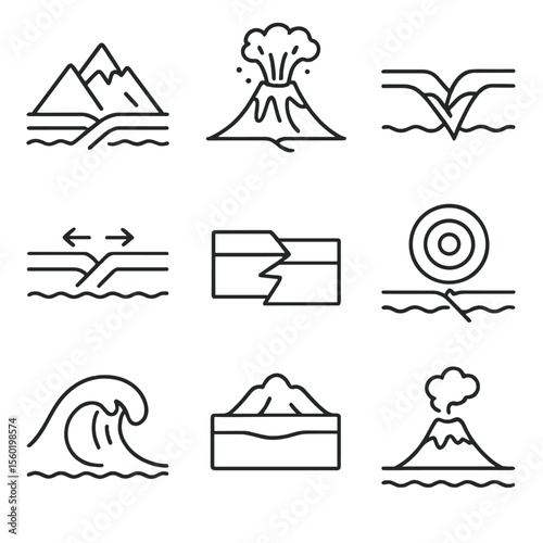 Plate Interaction Icons. Outline style icons of Plate Interaction Effects: mountain formation, volcanic eruption, deep ocean
