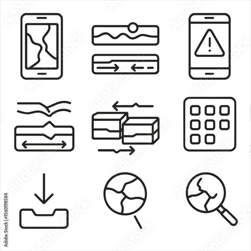 Tectonic App Icons. Outline style icons of Tectonic Visualization Apps: mobile app with fault map, tectonic slider interface,