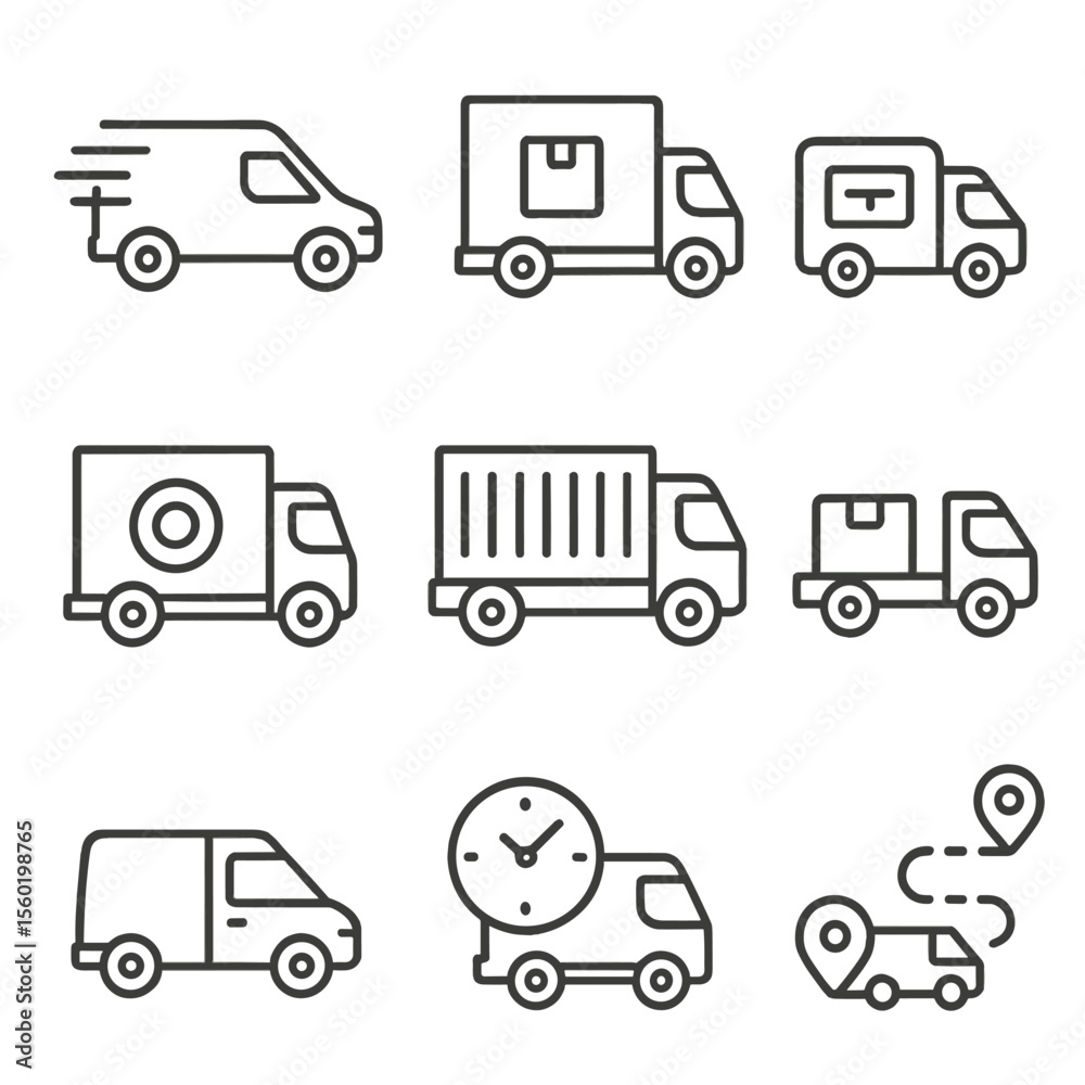 Outlined Delivery Trucks. Outline style icons of Delivery Trucks: express van, package truck, last-mile delivery vehicle, branded Outlined Delivery Trucks. Outline style icons of Delivery Trucks: express van, package truck, last-mile delivery vehicle, branded