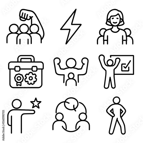 Team Empowerment Icons. Outline style icons of Team Empowerment: strength arms with group, lightning bolt icon, confident avatar