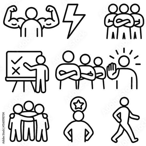 Team Empowerment Icons. Outline style icons of Team Empowerment: strength arms with group, lightning bolt icon, confident avatar