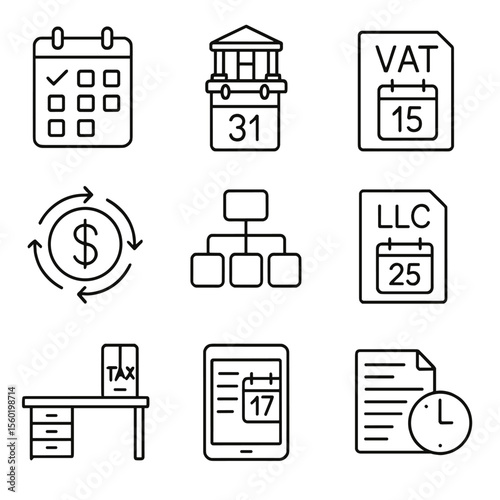 Business Tax Icons. Outline style icons of Business Tax Deadlines: business calendar, corporation tax return date, VAT due date