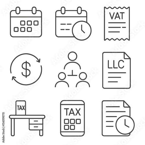 Business Tax Icons. Outline style icons of Business Tax Deadlines: business calendar, corporation tax return date, VAT due date