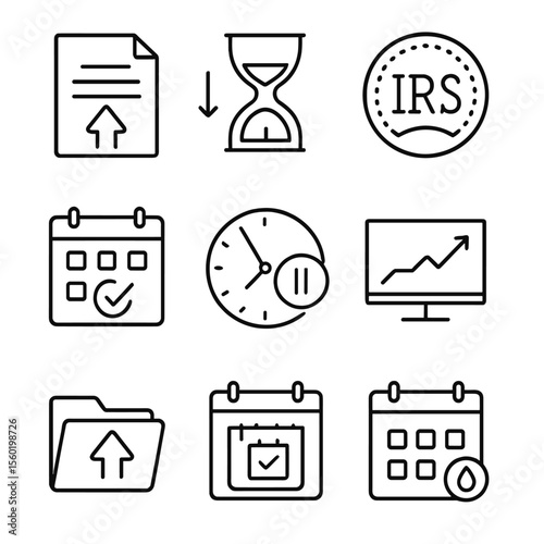 Tax Extension Icons. Outline style icons of Extension Filing Schedule: extension form icon, delayed tax symbol, IRS 6-month icon,