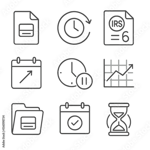 Tax Extension Icons. Outline style icons of Extension Filing Schedule: extension form icon, delayed tax symbol, IRS 6-month icon,