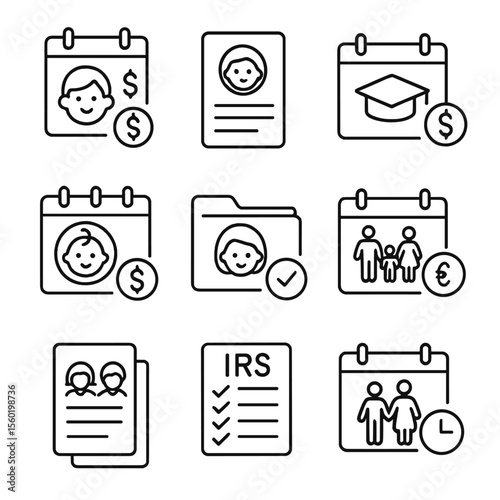 Child Tax Date Icons. Outline style icons of Child-Related Tax Dates: child tax credit deadline, dependent form due, education